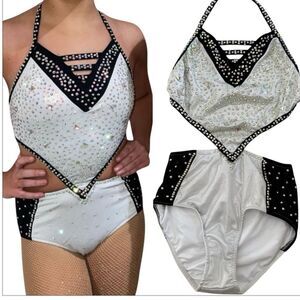 Glamour solo dance costume white rhinestone embellished SA-Small adult